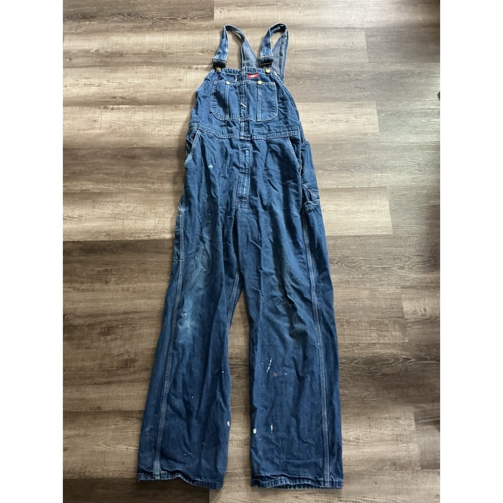 Dickies Denim Bib Overalls Mens 38x31 Carpenter Workwear Paint Splatter Vintage